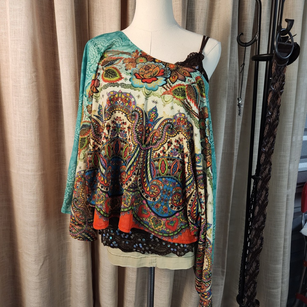 Amma Design One Shoulder Top Womens Large Multicolor Paisley Mesh Made‎ in LA